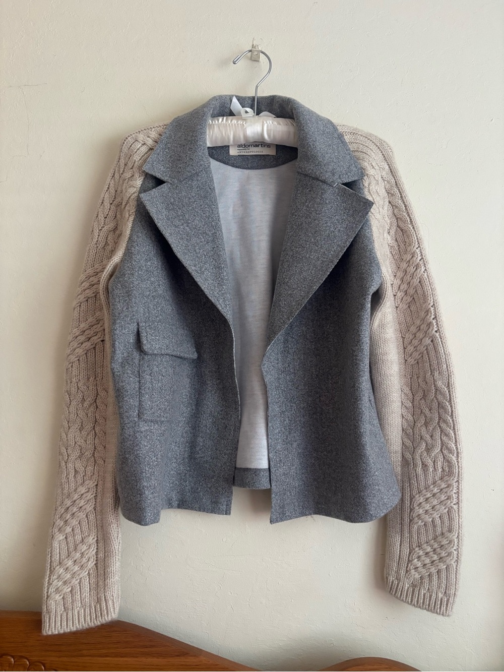 Aldomartins X Anthropologie Two-Tone Cable Sleeve Sweater Jacket - Gray & Cream